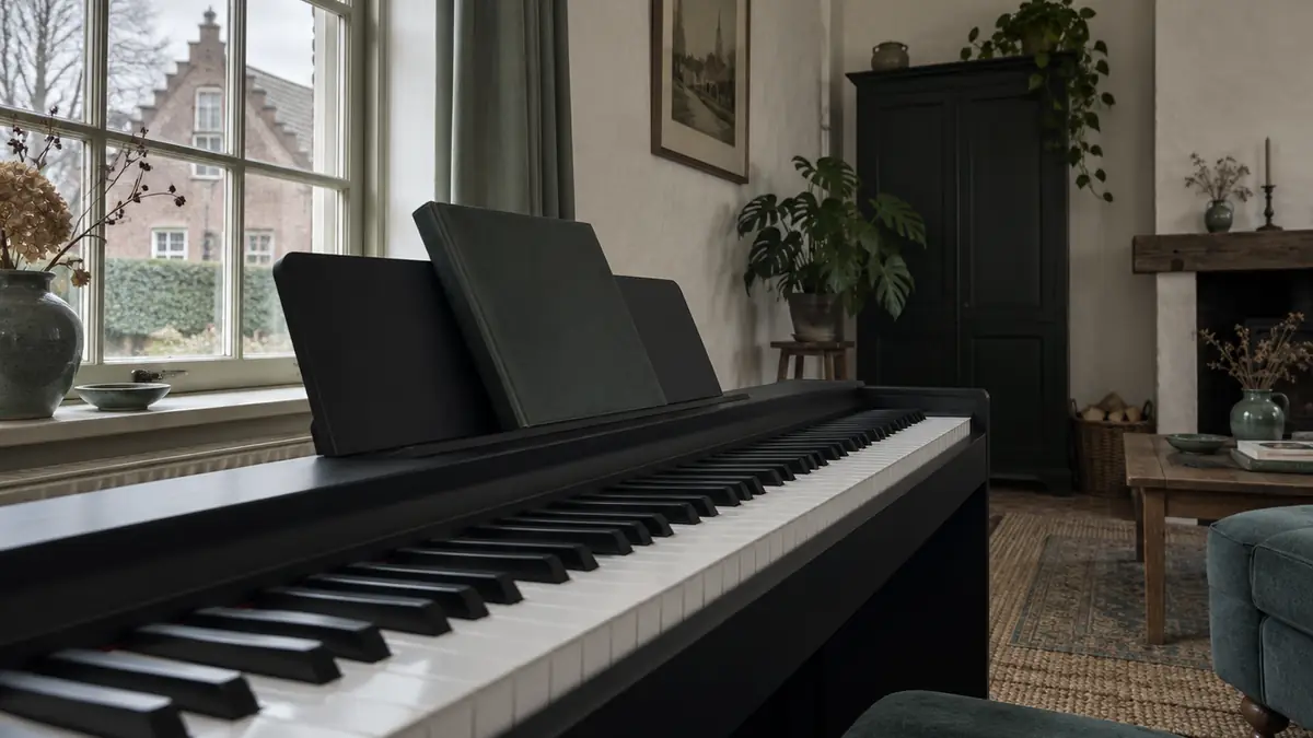 Een digitale piano in een bakstenen woonkamer, gezien vanaf de pianokruk
